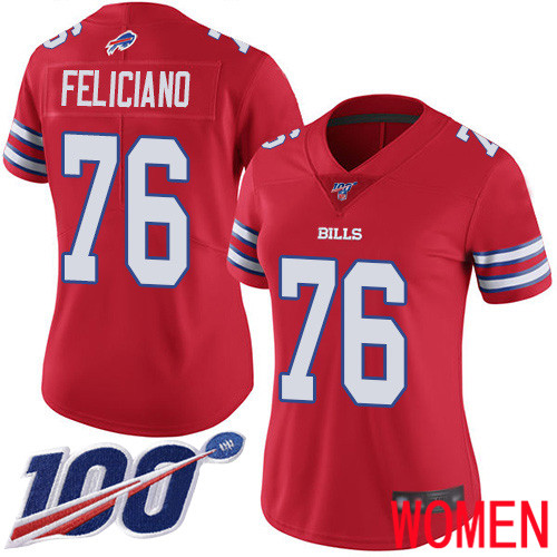 Women Buffalo Bills #76 Jon Feliciano Limited Red Rush Vapor Untouchable 100th Season NFL Jersey